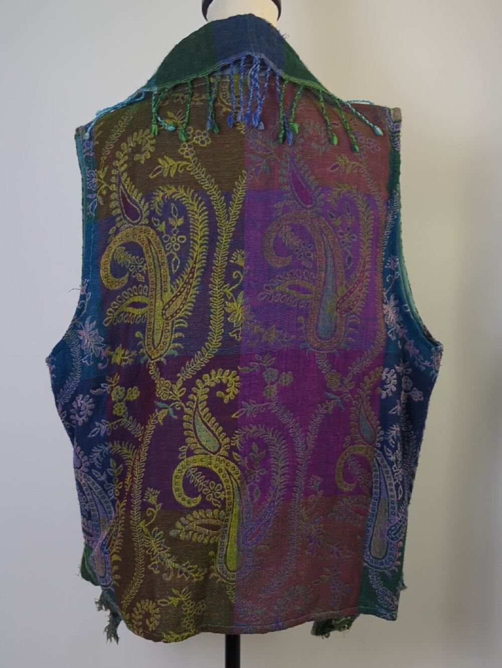 Anu by Natural 100% Wool Paisley Patchwork Beaded Boho Draped Vest Green Blue XL - Picture 2 of 16